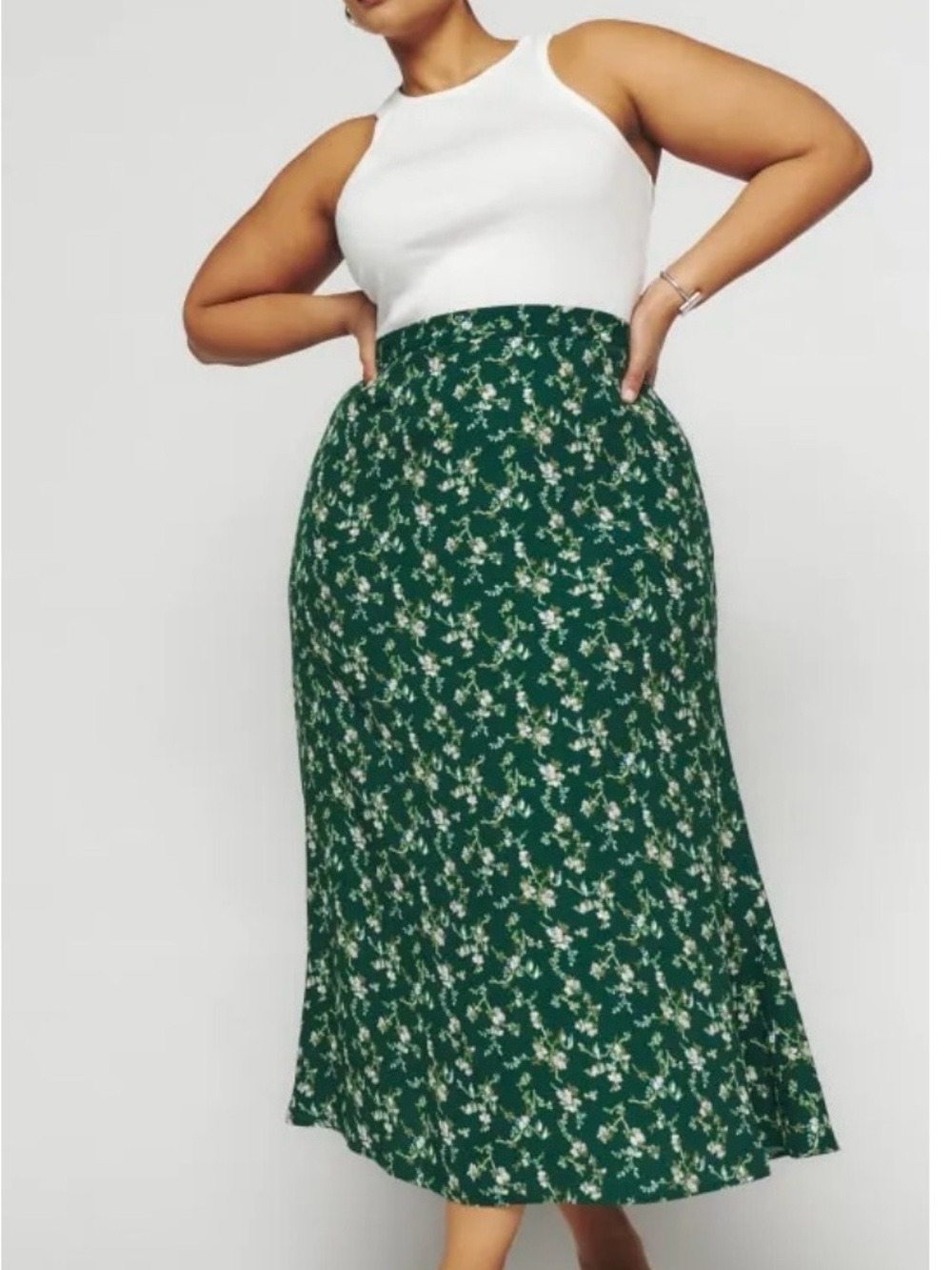 Reformation Bea Yesenia A-Line Green Floral Midi Skirt